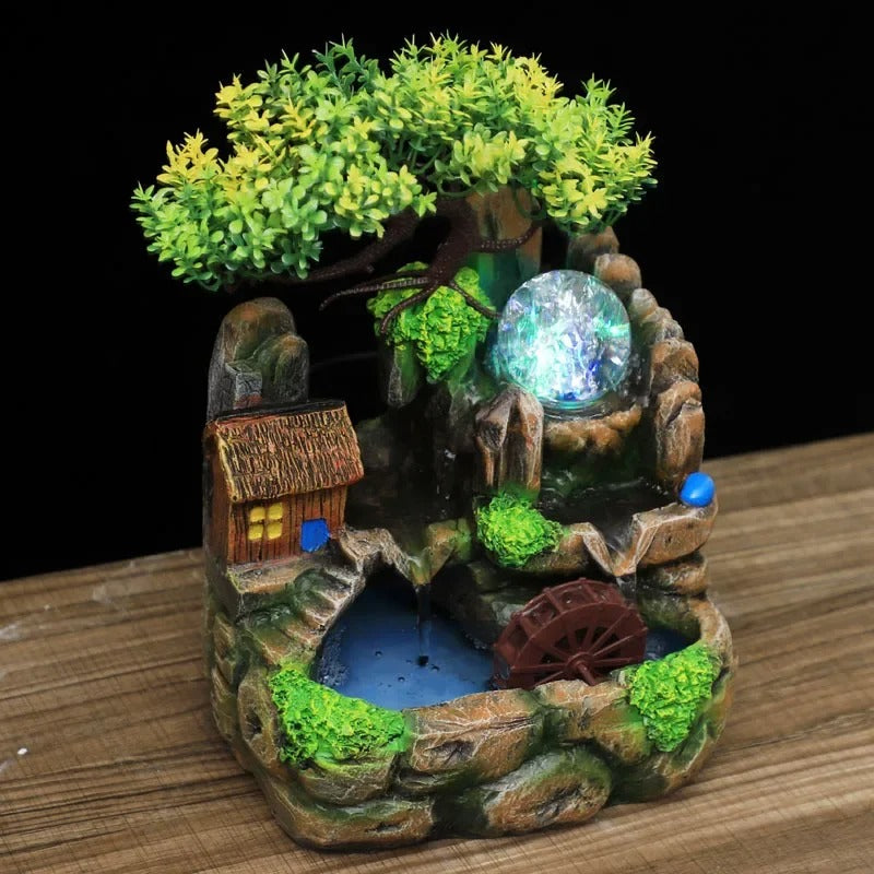 Zen Resin Rockery Tabletop Fountain with Nebulizer – Feng Shui Water Wheel LED Indoor Desk Decor