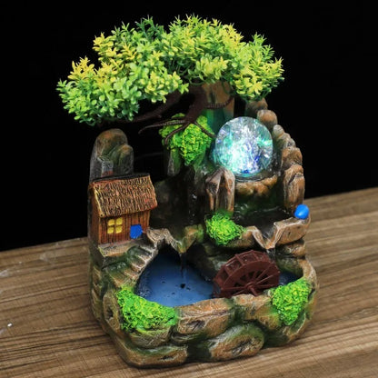 Zen Resin Rockery Tabletop Fountain with Nebulizer – Feng Shui Water Wheel LED Indoor Desk Decor