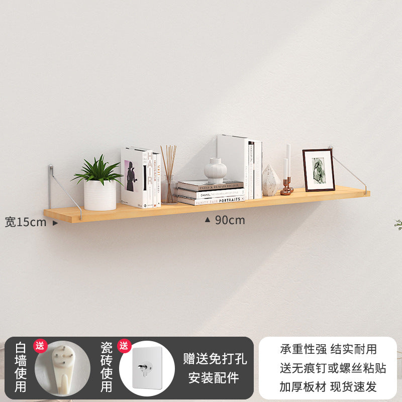 Punch-Free Wood Floating Shelf – Wall-Mounted Shelf for Kitchen, Dorm, and Living Room Storage & Decor