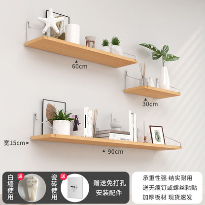 Punch-Free Wood Floating Shelf – Wall-Mounted Shelf for Kitchen, Dorm, and Living Room Storage & Decor