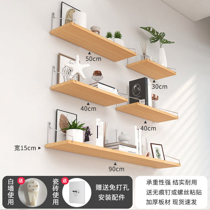 Punch-Free Wood Floating Shelf – Wall-Mounted Shelf for Kitchen, Dorm, and Living Room Storage & Decor