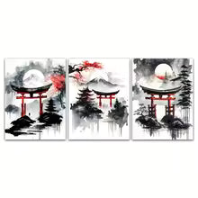 3PCS Japanese Landscape Canvas Wall Art – Frameless Black & Red Vintage Ink Painting Prints for Living Room Decor