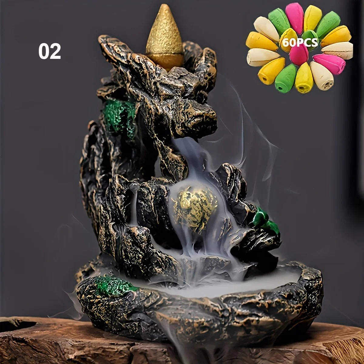 Mountain River Waterfall Backflow Incense Burner Fountain – Aroma Smoke Censer Holder with 60 Incense Cones