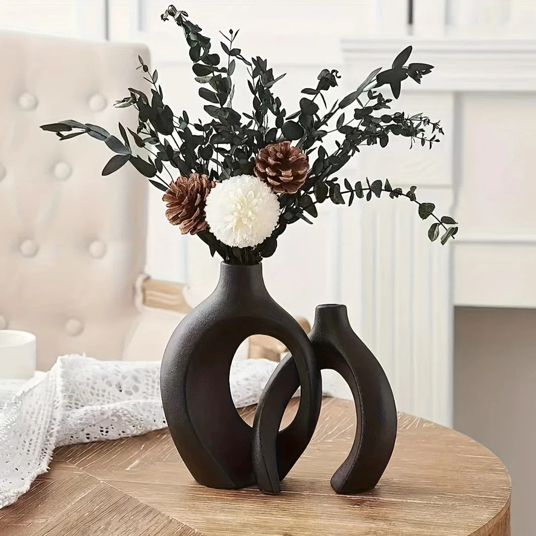 Hollow Nordic Ceramic Vase Set of 2 – Modern Boho Flower Vases for Home Decor, Living Room & Bookshelf
