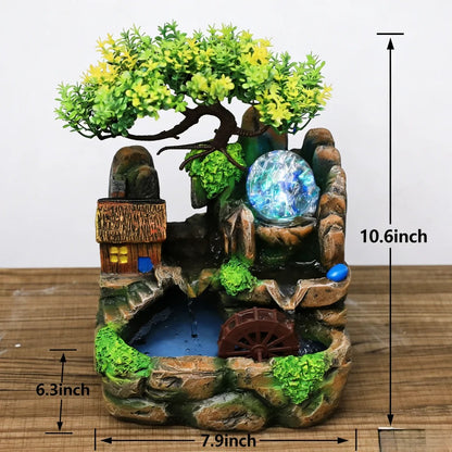 Zen Resin Rockery Tabletop Fountain with Nebulizer – Feng Shui Water Wheel LED Indoor Desk Decor