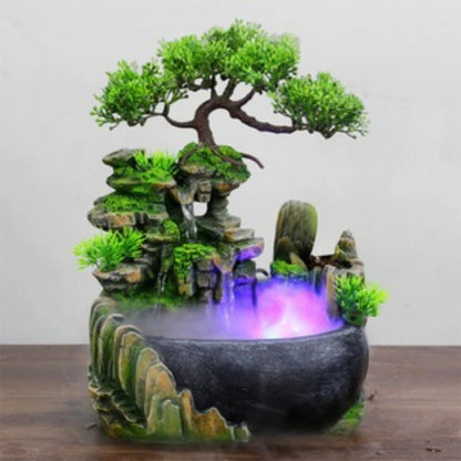 Zen Resin Rockery Tabletop Fountain with Nebulizer – Feng Shui Water Wheel LED Indoor Desk Decor