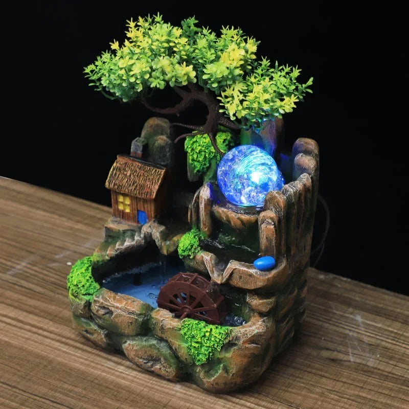 Zen Resin Rockery Tabletop Fountain with Nebulizer – Feng Shui Water Wheel LED Indoor Desk Decor