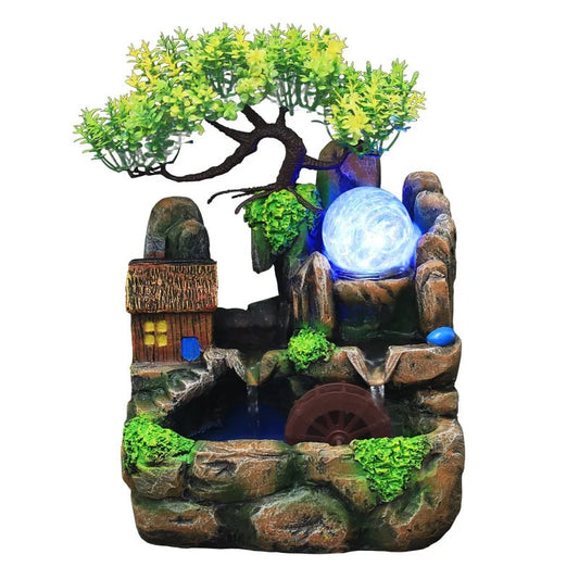 Zen Resin Rockery Tabletop Fountain with Nebulizer – Feng Shui Water Wheel LED Indoor Desk Decor
