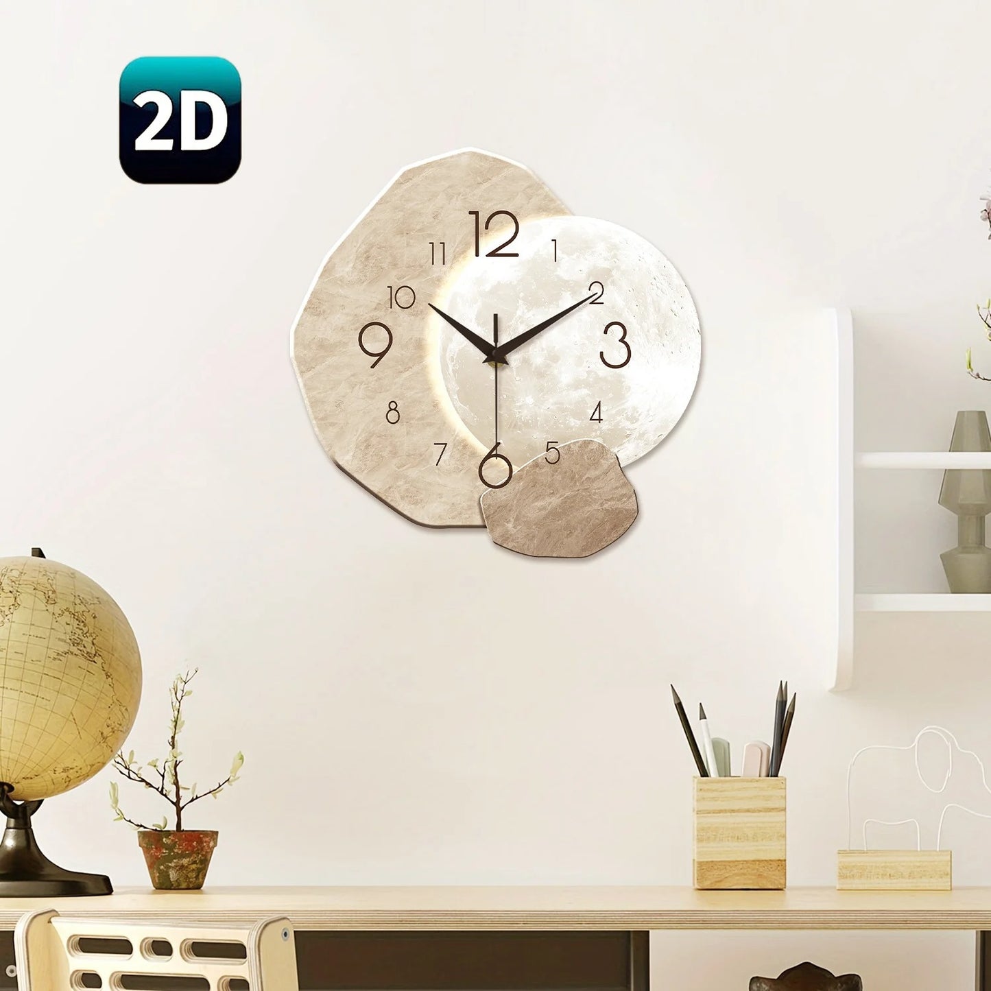 Modern Silent Wall Clock – Moon Design Wooden Quartz Wall Clock for Bedroom, Living Room & Office Decor