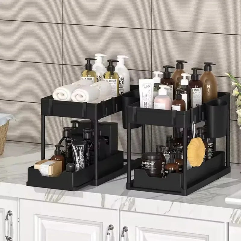 2-Tier Sliding Under Sink Organizer – Cabinet Storage Rack with Hooks & Hanging Cup for Kitchen & Bathroom
