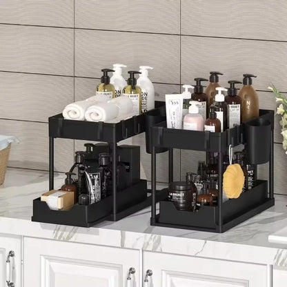 2-Tier Sliding Under Sink Organizer – Cabinet Storage Rack with Hooks & Hanging Cup for Kitchen & Bathroom