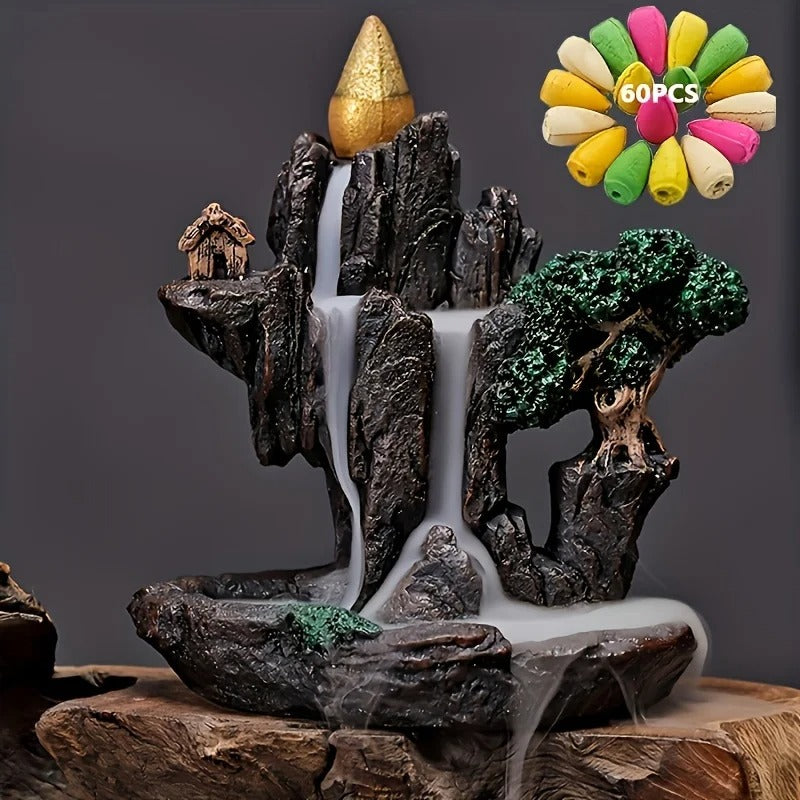 Mountain River Waterfall Backflow Incense Burner Fountain – Aroma Smoke Censer Holder with 60 Incense Cones