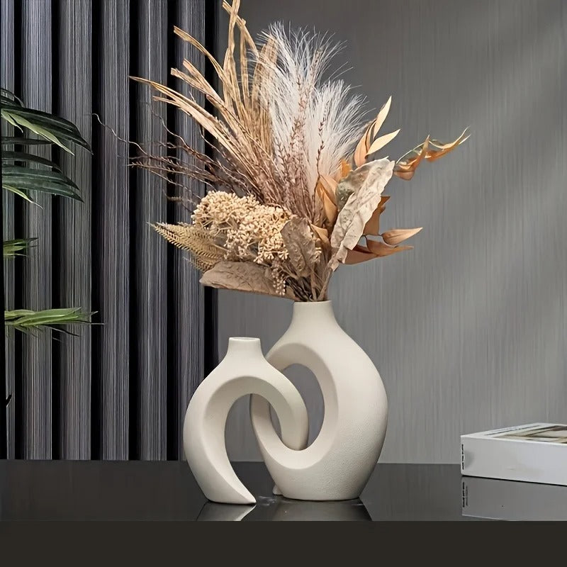 Hollow Nordic Ceramic Vase Set of 2 – Modern Boho Flower Vases for Home Decor, Living Room & Bookshelf