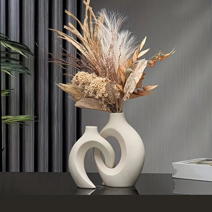 Hollow Nordic Ceramic Vase Set of 2 – Modern Boho Flower Vases for Home Decor, Living Room & Bookshelf