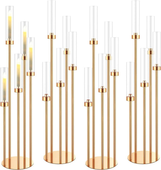 42.5" Tall Gold 5 Arm Floor Candelabra Candle Holder – Metal Centerpiece with Acrylic Crystals for Wedding & Home Decor