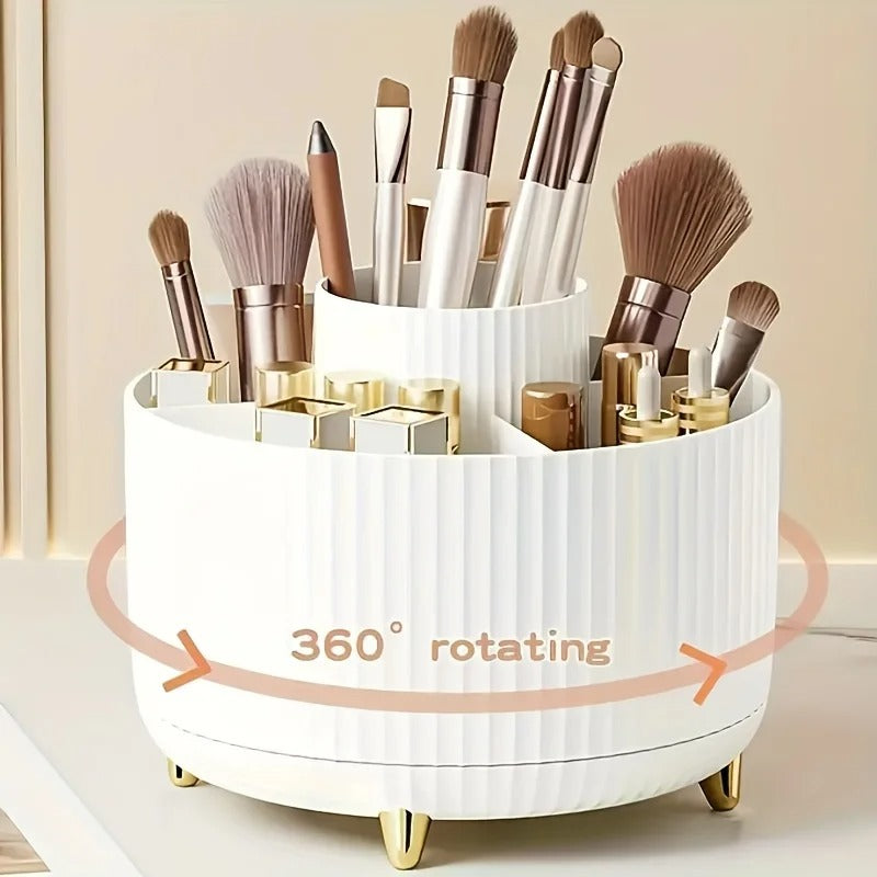 360° Rotating Makeup Organizer – Cosmetic Storage Holder with 5 Compartments for Brushes & Beauty Essentials