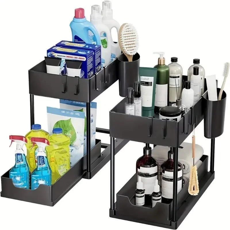 2-Tier Sliding Under Sink Organizer – Cabinet Storage Rack with Hooks & Hanging Cup for Kitchen & Bathroom
