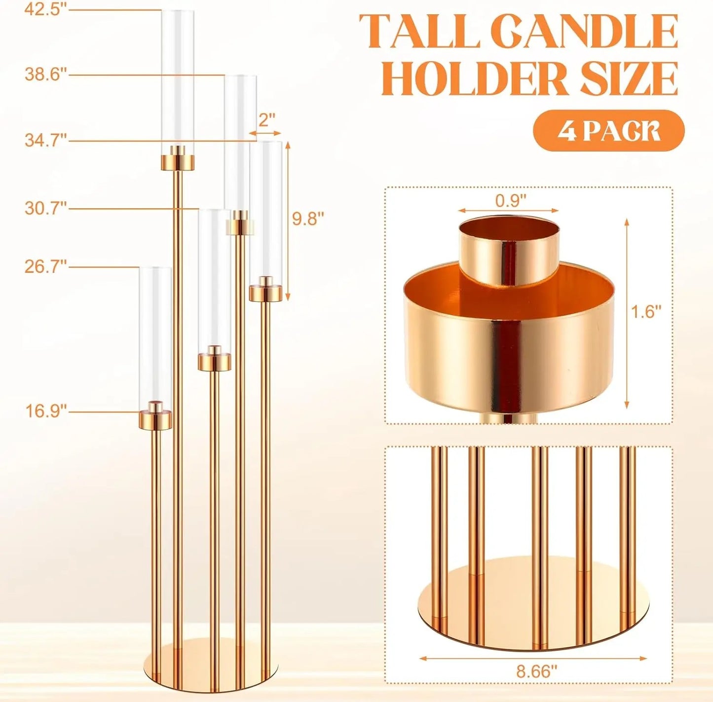42.5" Tall Gold 5 Arm Floor Candelabra Candle Holder – Metal Centerpiece with Acrylic Crystals for Wedding & Home Decor