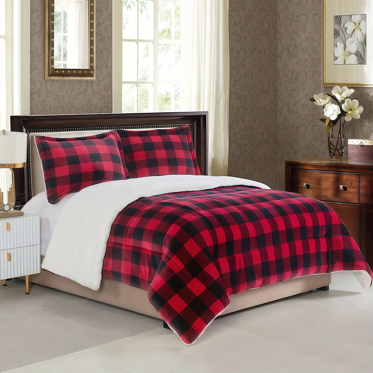 Sherpa Buffalo Plaid Throw Blanket – Ultra-Soft Reversible Faux Fur Fleece (Black & Red Tartan)