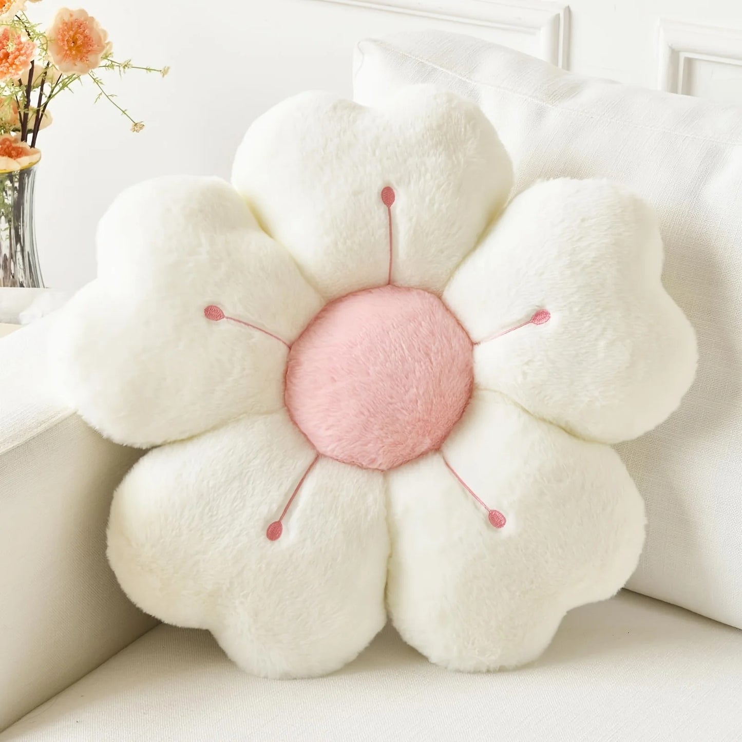 Soft Plush Daisy Flower Throw Pillow – Cozy White & Pink Floral Cushion for Bed, Sofa & Room Decor