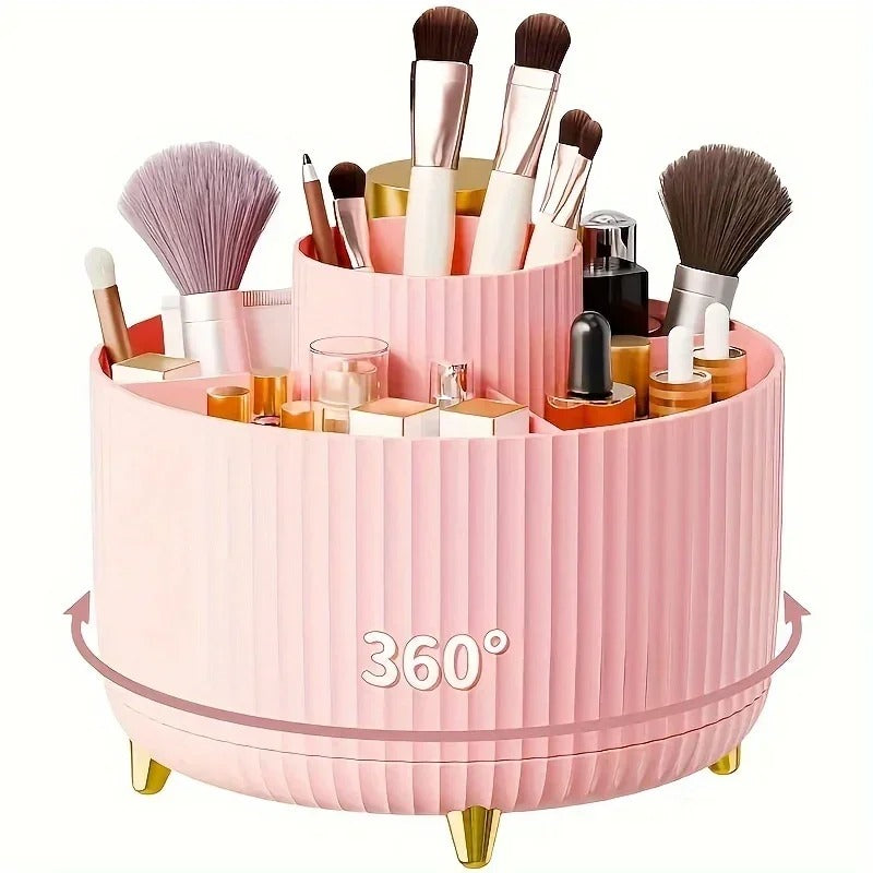 360° Rotating Makeup Organizer – Cosmetic Storage Holder with 5 Compartments for Brushes & Beauty Essentials