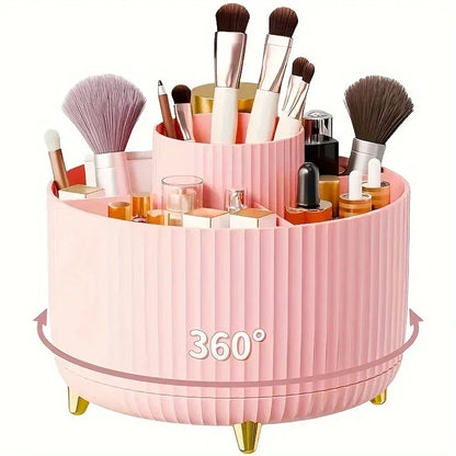 360° Rotating Makeup Organizer – Cosmetic Storage Holder with 5 Compartments for Brushes & Beauty Essentials