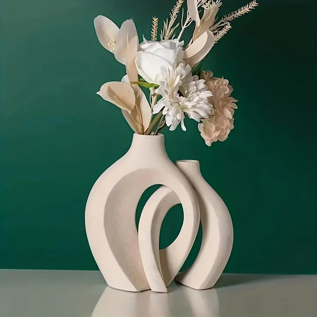 Hollow Nordic Ceramic Vase Set of 2 – Modern Boho Flower Vases for Home Decor, Living Room & Bookshelf