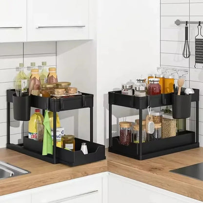 2-Tier Sliding Under Sink Organizer – Cabinet Storage Rack with Hooks & Hanging Cup for Kitchen & Bathroom
