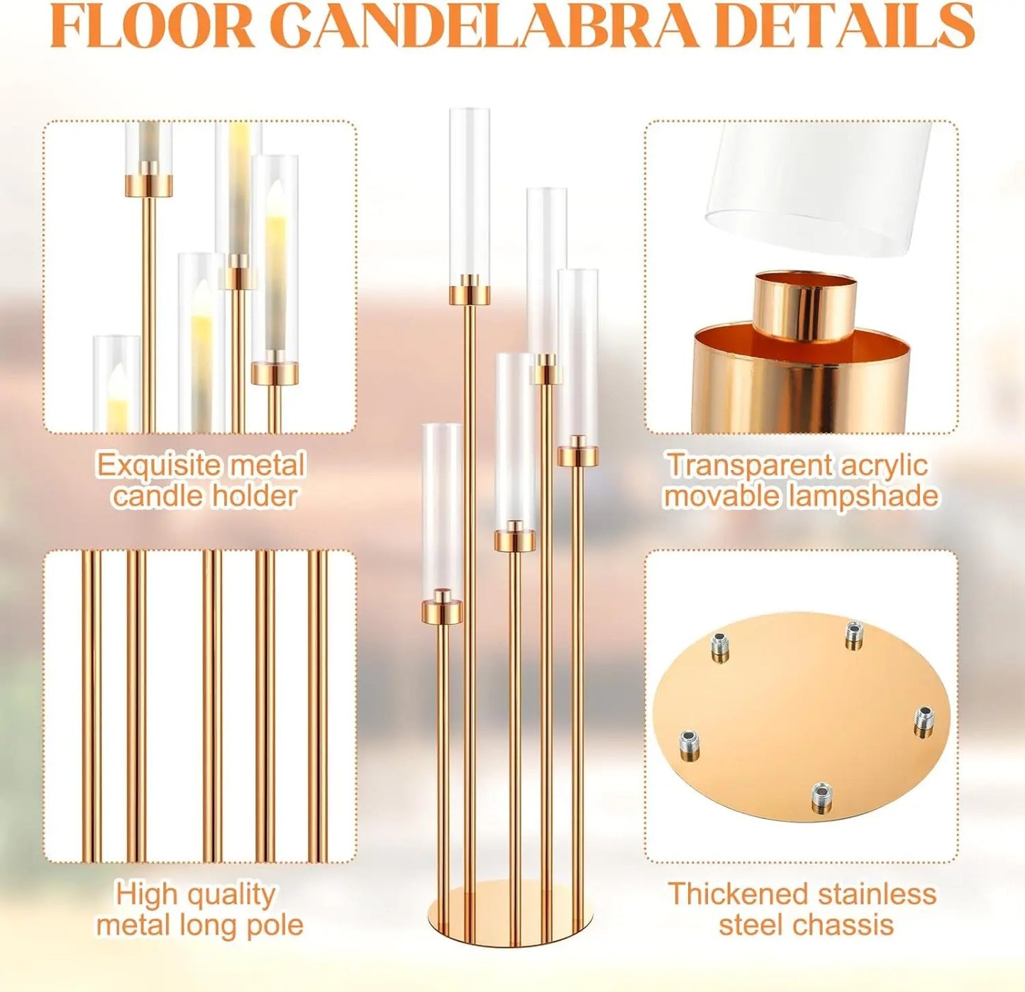 42.5" Tall Gold 5 Arm Floor Candelabra Candle Holder – Metal Centerpiece with Acrylic Crystals for Wedding & Home Decor