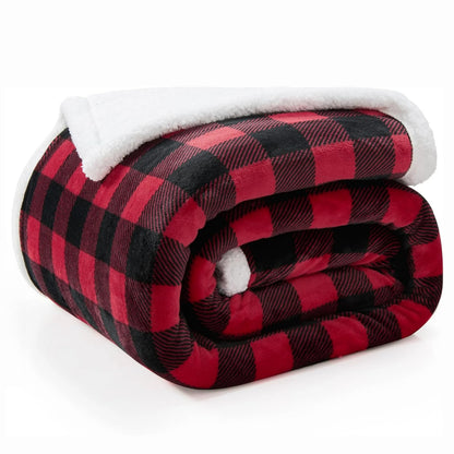 Sherpa Buffalo Plaid Throw Blanket – Ultra-Soft Reversible Faux Fur Fleece (Black & Red Tartan)