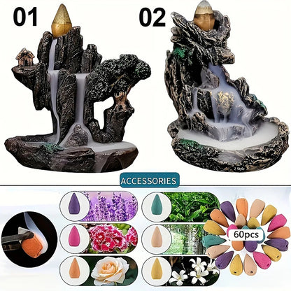 Mountain River Waterfall Backflow Incense Burner Fountain – Aroma Smoke Censer Holder with 60 Incense Cones