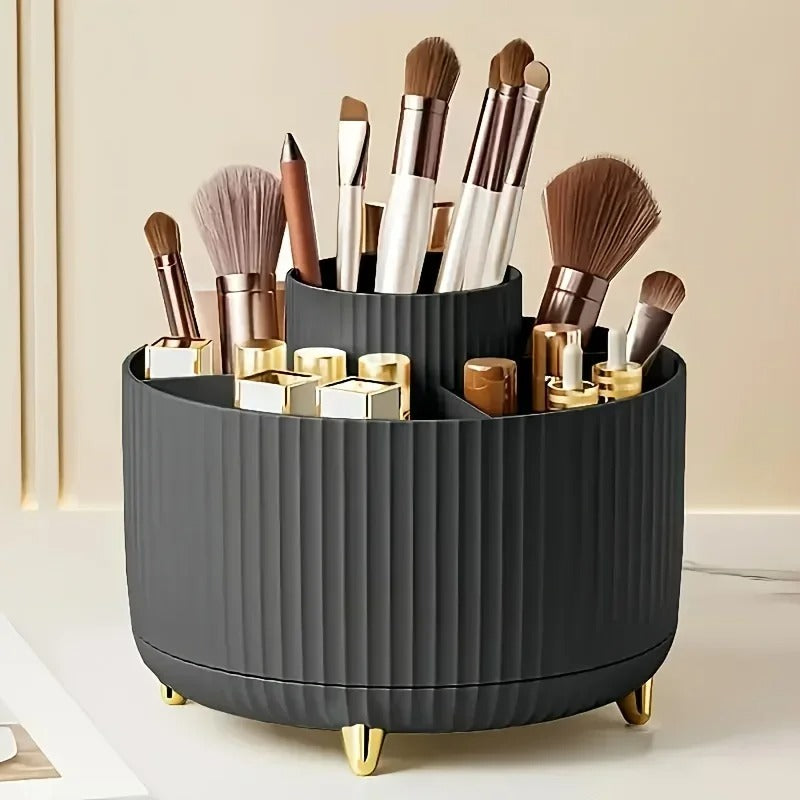 360° Rotating Makeup Organizer – Cosmetic Storage Holder with 5 Compartments for Brushes & Beauty Essentials