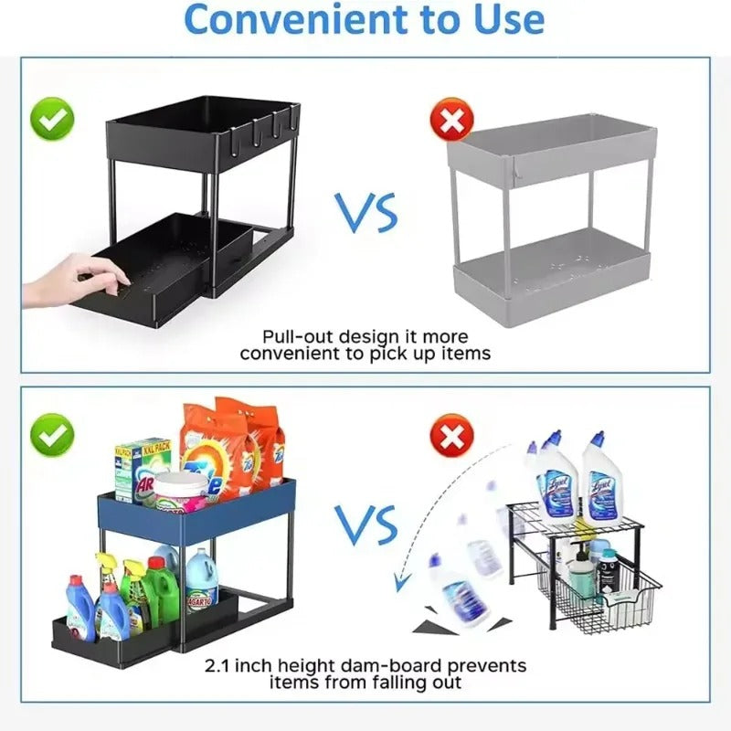 2-Tier Sliding Under Sink Organizer – Cabinet Storage Rack with Hooks & Hanging Cup for Kitchen & Bathroom