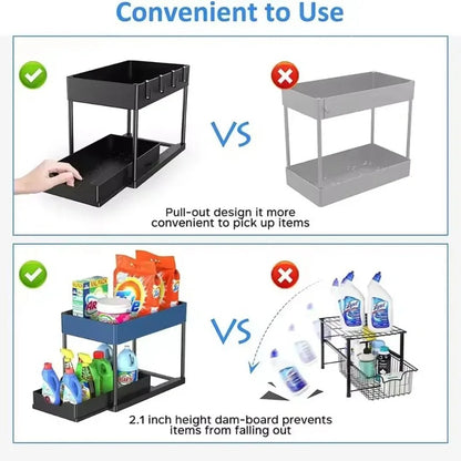 2-Tier Sliding Under Sink Organizer – Cabinet Storage Rack with Hooks & Hanging Cup for Kitchen & Bathroom