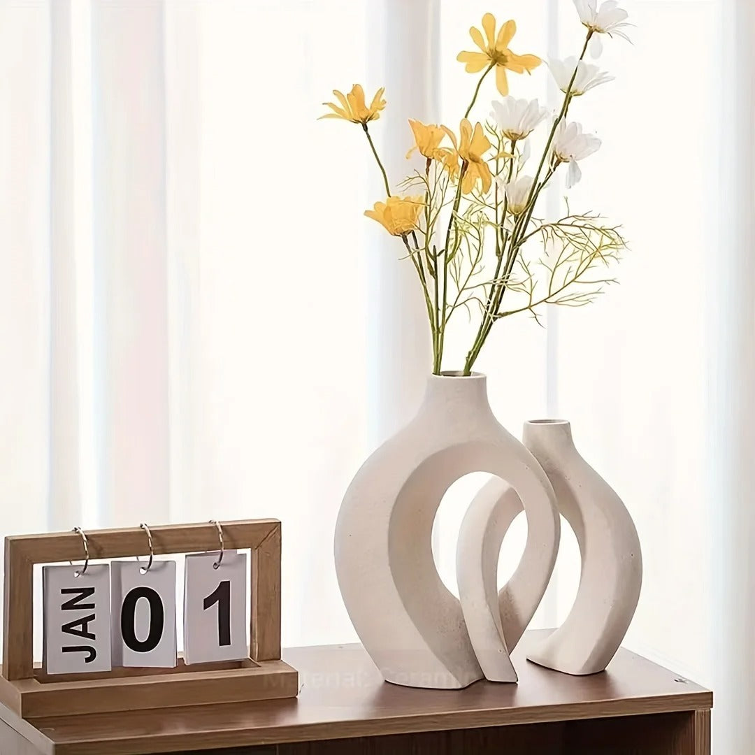 Hollow Nordic Ceramic Vase Set of 2 – Modern Boho Flower Vases for Home Decor, Living Room & Bookshelf