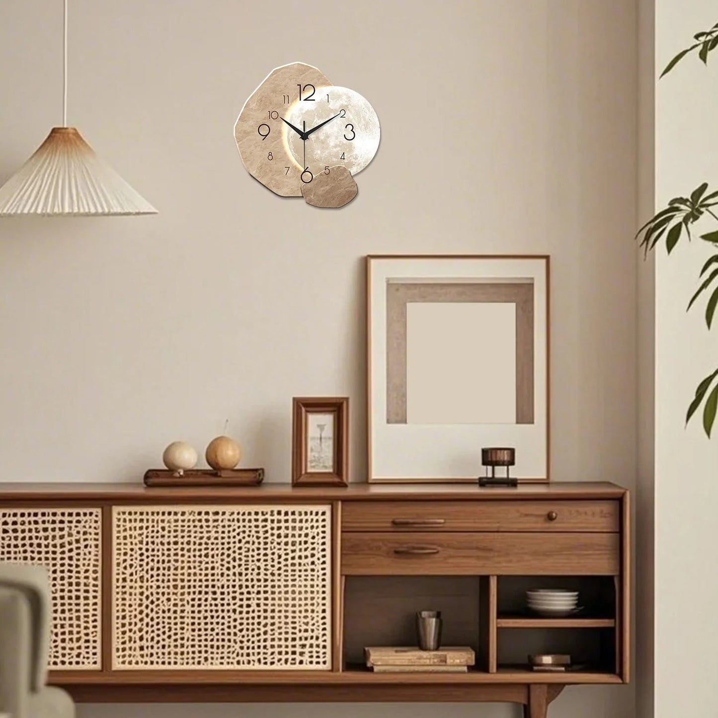 Modern Silent Wall Clock – Moon Design Wooden Quartz Wall Clock for Bedroom, Living Room & Office Decor