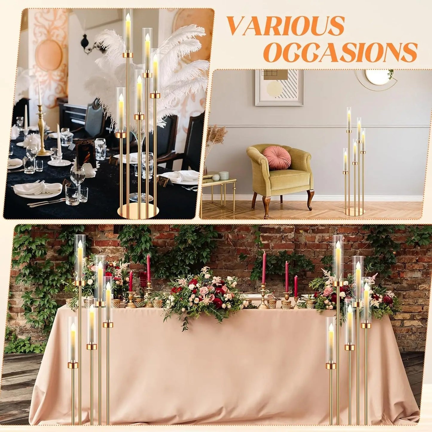 42.5" Tall Gold 5 Arm Floor Candelabra Candle Holder – Metal Centerpiece with Acrylic Crystals for Wedding & Home Decor