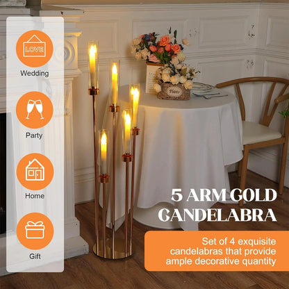 42.5" Tall Gold 5 Arm Floor Candelabra Candle Holder – Metal Centerpiece with Acrylic Crystals for Wedding & Home Decor