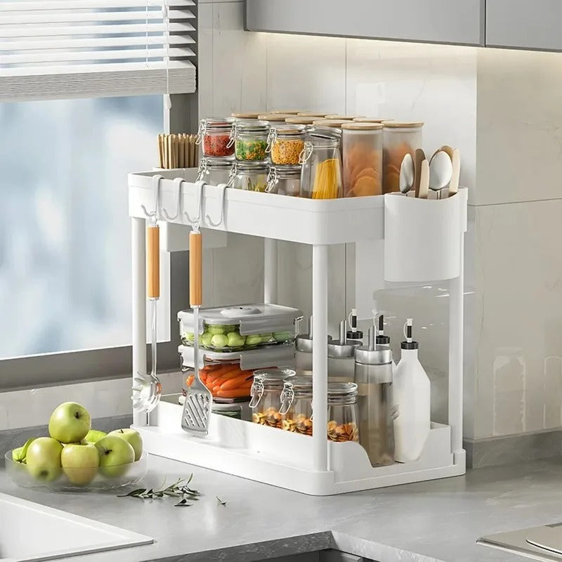 2-Tier Sliding Under Sink Organizer – Cabinet Storage Rack with Hooks & Hanging Cup for Kitchen & Bathroom