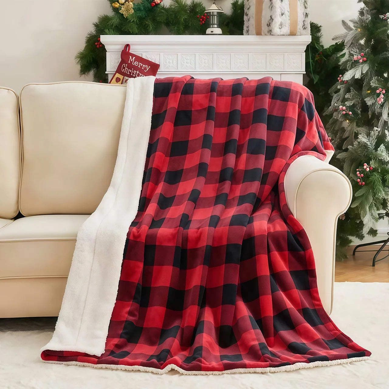 Sherpa Buffalo Plaid Throw Blanket – Ultra-Soft Reversible Faux Fur Fleece (Black & Red Tartan)