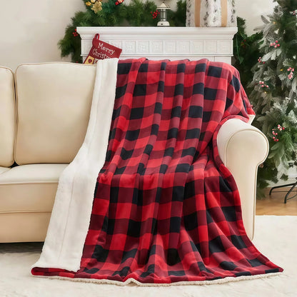 Sherpa Buffalo Plaid Throw Blanket – Ultra-Soft Reversible Faux Fur Fleece (Black & Red Tartan)
