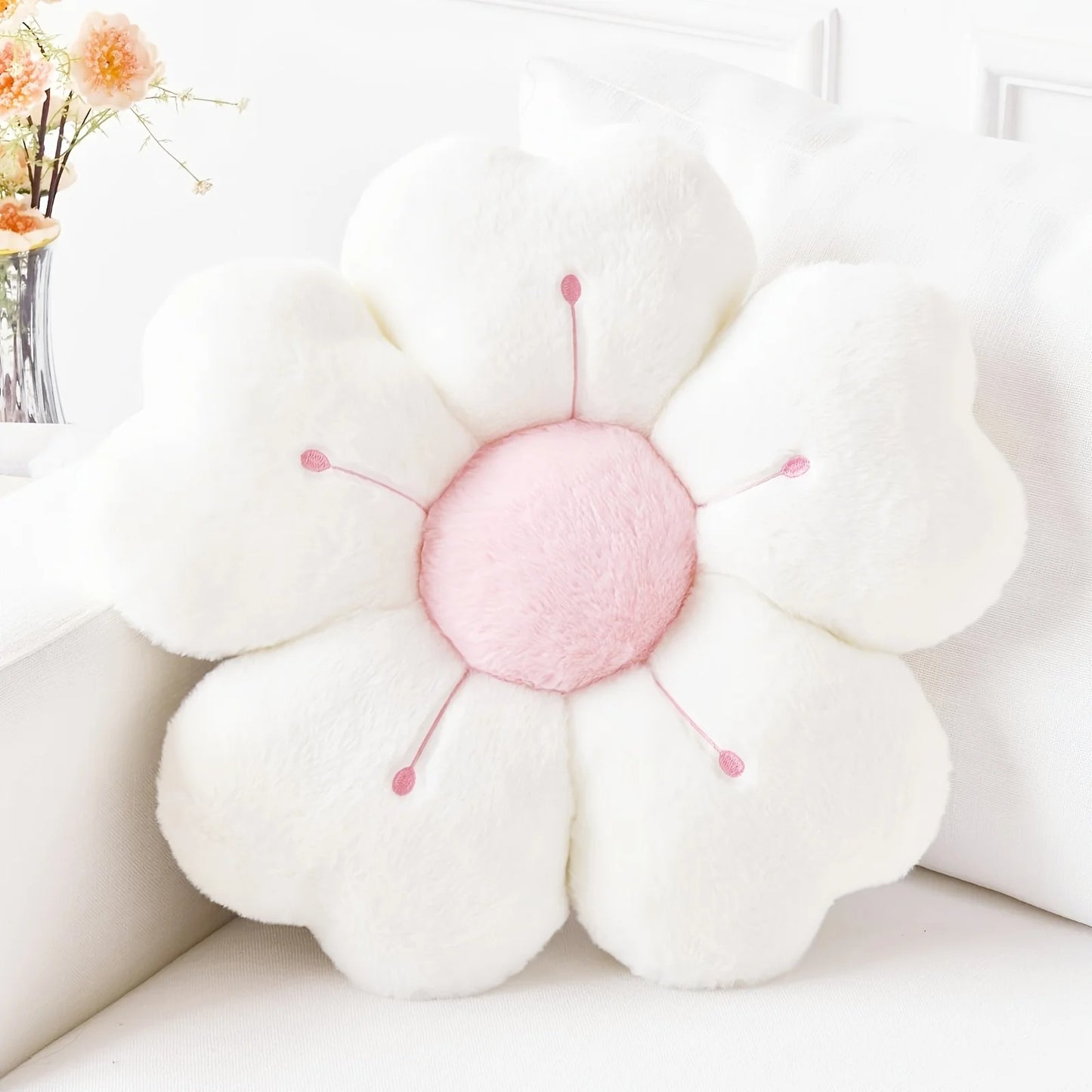 Soft Plush Daisy Flower Throw Pillow – Cozy White & Pink Floral Cushion for Bed, Sofa & Room Decor