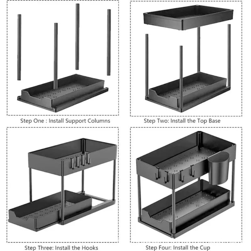 2-Tier Sliding Under Sink Organizer – Cabinet Storage Rack with Hooks & Hanging Cup for Kitchen & Bathroom