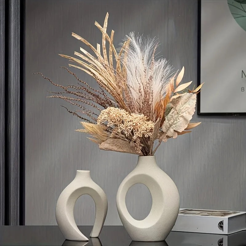 Hollow Nordic Ceramic Vase Set of 2 – Modern Boho Flower Vases for Home Decor, Living Room & Bookshelf
