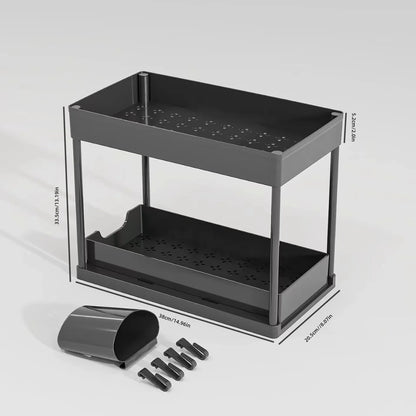 2-Tier Sliding Under Sink Organizer – Cabinet Storage Rack with Hooks & Hanging Cup for Kitchen & Bathroom