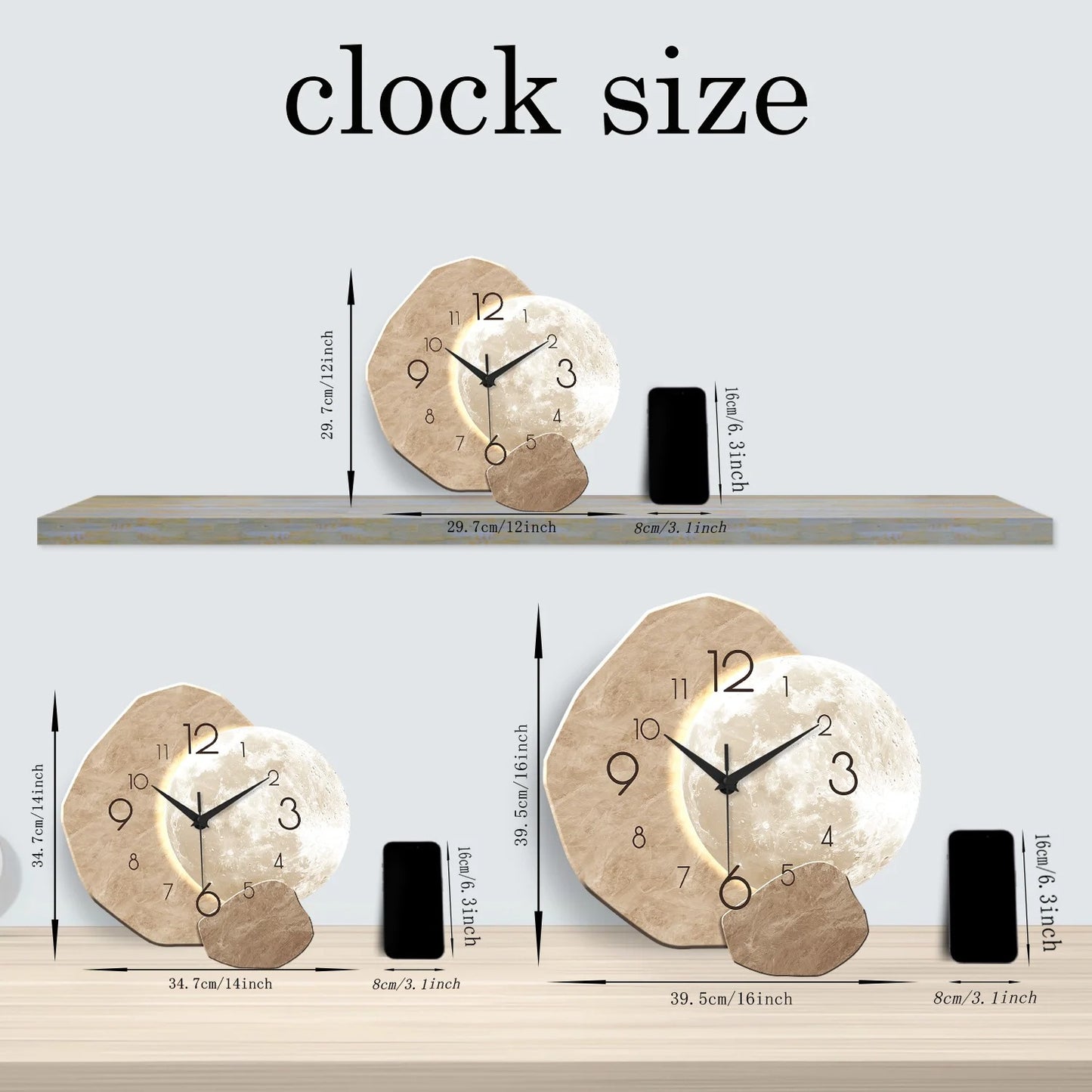 Modern Silent Wall Clock – Moon Design Wooden Quartz Wall Clock for Bedroom, Living Room & Office Decor