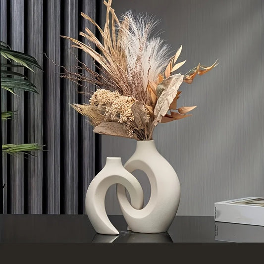 Hollow Nordic Ceramic Vase Set of 2 – Modern Boho Flower Vases for Home Decor, Living Room & Bookshelf